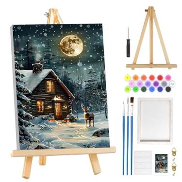 Imagem de MOGTAA Kit de pintura por números de Natal inverno para adultos iniciantes com moldura, kits de pintura de veado de Natal para adultos por números em tela com cavalete, kits de pintura a óleo DIY