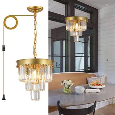 Imagem de Lustre moderno de cristal dourado com pingente de 12''/30 cm Luminária de teto estilosa para sala de jantar, quarto, cozinha, ilha, entrada, luminária pequena suspensa com design plug-in