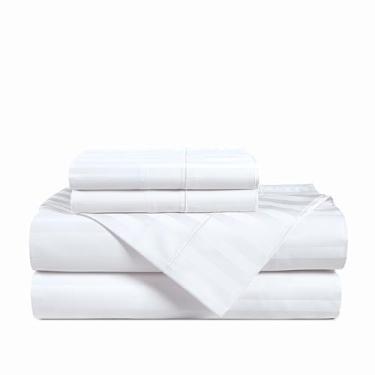 Imagem de Casa Platino Jogo de lençol solteiro 100% algodão egípcio - 4 peças - listras damasco - lençóis de cama de cetim ultra suave com bolsos profundos de 38 cm - jogo de lençol branco puro