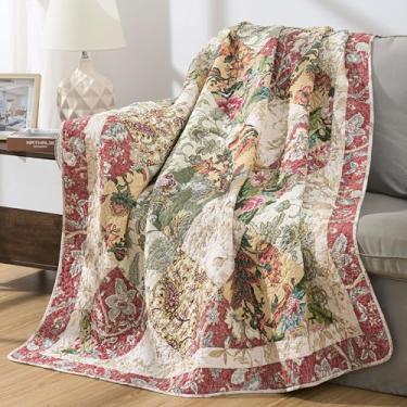 Imagem de Chezmoi Collection Lunaria 1 peça floral patchwork acolchoado – macio respirável leve vintage lavado cobertor reversível para todas as estações