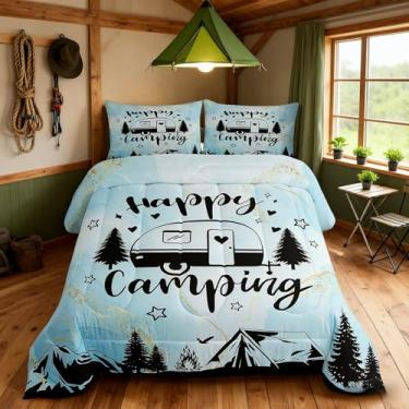 Imagem de Conjunto de edredom infantil Happy Camping, tamanho Queen, pinheiro estrela, montanha, decoração de quarto de meninas e meninos, edredom rústico de cabana de fazenda, enchimento de edredom azul
