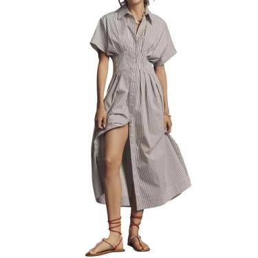 Imagem de Camisa maxi Dsewpaur listrada com botões frontais plissada para mulher