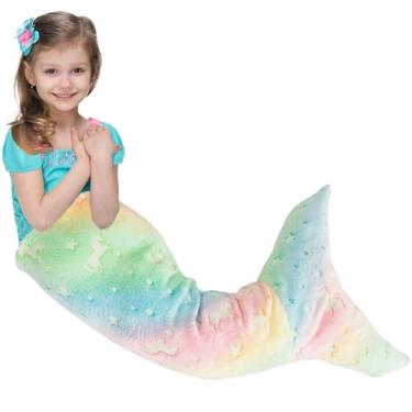 Imagem de Cobertores de cauda de sereia que brilham no escuro super macios de flanela para dormir, cobertor confortável para meninas, cobertor de sofá fofo colorido para todas as estações, saco de dormir de