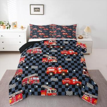 Imagem de Feelyou Conjunto de edredom de caminhão de bombeiros, azul, preto, xadrez, para todas as estações, com 1 fronha, bombeiros, carro, veículo, microfibra, roupa de cama de solteiro, xadrez, edredom macio