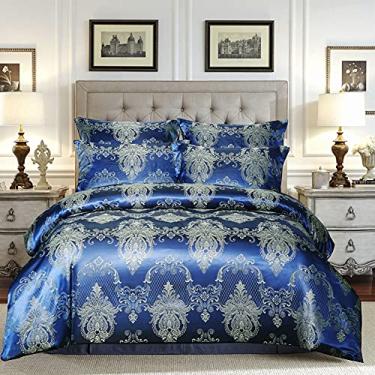 Imagem de Conjunto de capa de edredom de cetim jacquard floral, tamanho solteiro, 3 peças, luxuosa, estilo seda, conjunto de capa de edredom com fecho de zíper e laços de canto (vermelho, solteiro) (azul casal
