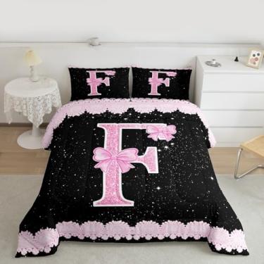 Imagem de Feelyou Conjunto de cama macio com letra F para meninos e meninas, conjunto de edredom com laço rosa, solteiro, renda, alfabeto, microfibra, laço de princesa, 2 peças com 1 fronha