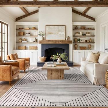 Imagem de Rugshop Tapete Marbella com listras boêmias, lavável, antiderrapante, 20 x 25 cm, bege