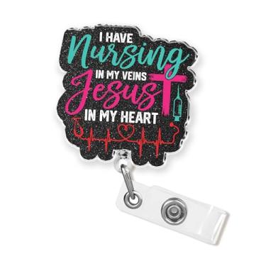 Imagem de Carretel de crachá I Have Nursing in My Veins Jesus in My Heart 4 cm Enfermeira Enfermeira Enfermeira CNA RN Estudante de Enfermagem Médica Deus Cristão Cruz Retrátil com Clipe de Jacaré Presentes de