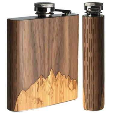 Imagem de WUDN — Cantil de madeira de 170 g – Corpo de aço inoxidável, montanhas com dente de serra, céu de nogueira