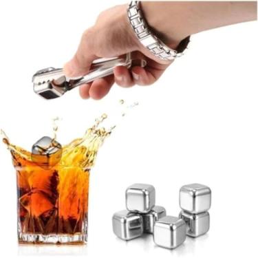 Imagem de Kit 8 Cubos de Gelo Reutilizáveis em Aço Inox – Com Pegador | Não Dilui, Gela Rápido e Mantém o Sabor de Whisky, Drinks e Bebidas