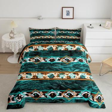 Imagem de Feelyou Conjunto de edredom asteca ocidental de vaca com estampa retrô de pele de vaca com 2 fronhas, boêmio, rústico, casa de fazenda, roupa de cama exótica, geométrico, para quarto, edredom