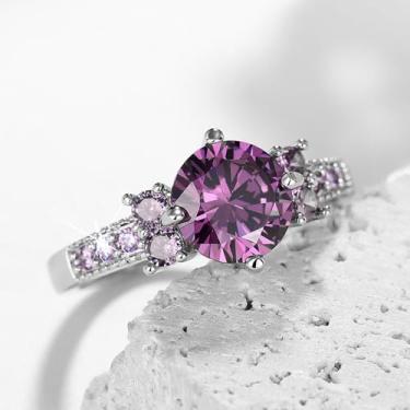 Imagem de Anéis de noivado de zircônia cúbica roxa banhada a ouro branco, alianças de compromisso, festas noturnas, presentes de dia dos namorados, alianças de eternidade para mulheres, 9, Cobre, Sem pedra