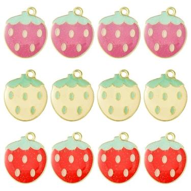 Imagem de 12 pingentes fofos de liga de morango esmaltados, com fundo plano, rosa, amarelo, vermelho, morango, fruta, metal, pingente dourado claro para colar faça você mesmo, brinco, chaveiro, joias