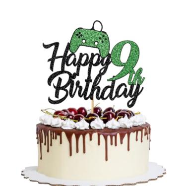 Imagem de YQLXDHBD 1 peça de topo de bolo de feliz aniversário de 9 anos com glitter, jogo de palheta de bolo em controladores, decoração de bolo de 9 anos, decoração de bolo para meninos e meninas, subir de