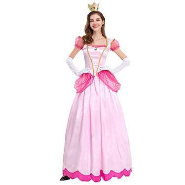 Imagem de Fantasia de princesa pêssego para mulheres adultas, vestido longo de manga bufante + luvas + coroa, 3 peças, roupa de fada, Halloween, Natal, Carnaval, cosplay, rosa, P