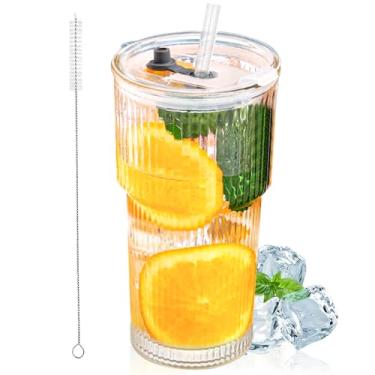 Imagem de MdakeGo Copos de vidro de 590 ml com tampa e canudo, copo de café gelado de vidro canelado com tampa, copo de vidro vintage espesso de boca larga, copo de copos para smoothieds, coquetéis e sucos