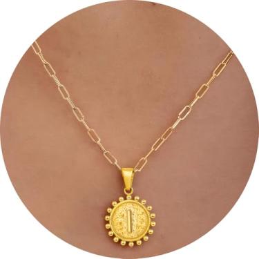 Imagem de Colar com inicial para mulheres, colar com pingente de letra, corrente de clipe de papel, joia de monograma, moeda do alfabeto, pronto em camadas, 14+2in, Aço inoxidável, Sem Pedra Preciosa