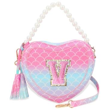 Imagem de Luchike Bolsa de presente infantil para meninas - Bolsa tiracolo de coração para meninas, bolsa tiracolo para princesa, ombro para presente de aniversário, Sereia, V