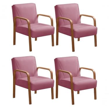 Imagem de Kit 4 Poltronas Anita Moderna Decorativa Braço Madeira Suede Rosa 280