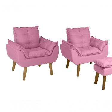 Imagem de Kit 02 Poltrona Decorativa Confortável Com Puff Glamour Opala Com Pés Quadrado Rosê