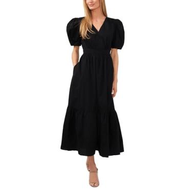 Imagem de CeCe Vestido longo feminino de popelina de algodão com manga bufante curta, Preto rico, G