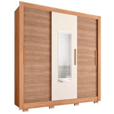 Imagem de Guarda Roupas Casal com Espelho Ripado impressão 3D 3 Portas de Correr 2 Gavetas Paris Madeirado/Off White