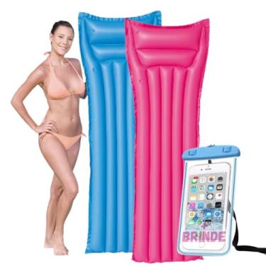 Imagem de Kit 2 Boias Colchões Bronzeador Inflável Piscina Praia Gigante PVC Reforçado e Capa A Prova D água Para Celular Universal Até 6.7 Polegadas (Azul e rosa+Capa)