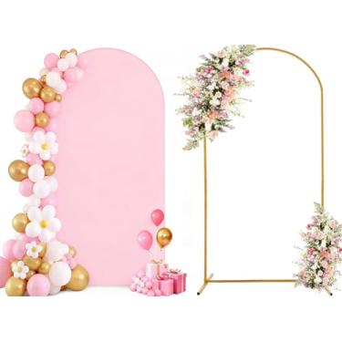 Imagem de GUANSEN Conjunto de suporte e capa de pano de fundo de arco de casamento, suporte de arco de balão de metal de 1,8 m para cerimônias, festas de aniversário, chá de bebê, decoração de formatura