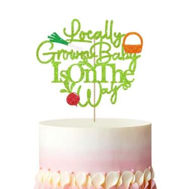 Imagem de Topo de bolo Locally Grown Baby is on the Way, decoração de bolo de chá de bebê Farmer Market, topo de bolo de frutas vegetais com glitter verde para meninos e meninas, decoração de festa de primeiro