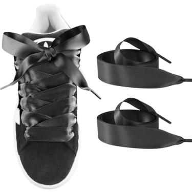 Imagem de UamGlsob Cadarços de fita para tênis Adidas Campus 00s, cadarços planos de cetim de 1,9 cm de largura para mulheres e meninas, Preto, 45"/115cm