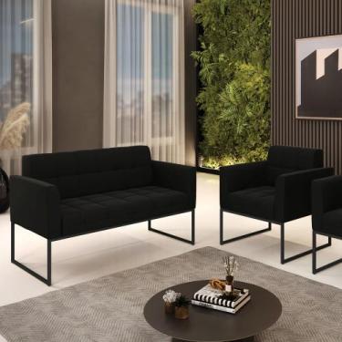 Imagem de Kit 1 Sofá Namoradeira e 1 Poltrona Elisa Suede Preto Base Metálica In