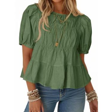 Imagem de Blusa feminina Tankaneo de manga folhada em algodão peplum verde milit
