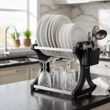 Imagem de Escorredor de Louça 12 Pratos Preto em aço Inox Alto com Porta Talher 