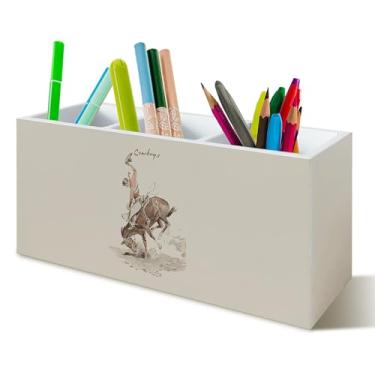 Imagem de YTRGI Suporte de caneta caubói ocidental para escola, decoração de mesa de escritório, suporte de lápis de madeira ocidental para acessórios de mesa de escritório em casa, presentes de cowboy para