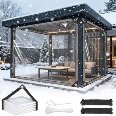 Imagem de Lonas transparentes resistentes à prova d'água - Lonas transparentes de 3 x 3,6 m com ilhós - Lona de vinil de plástico transparente engrossada de 14 mil para varandas de pátio, capa de galinheiro de