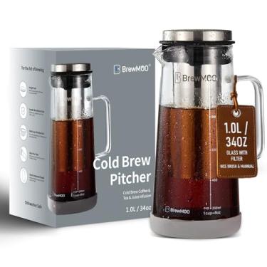 Imagem de BrewMOO Cafeteira Cold Brew e máquina de chá gelado (1 litro/963 g) – Jarra de vidro borossilicato ondulada elegante, filtro de aço inoxidável, embalagem acolchoada com espuma, manual + receitas