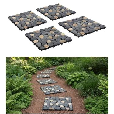 Imagem de jxgzyy 4 peças de pedras interligadas ao ar livre para jardim, pavimentadoras quadradas de 30 cm para paisagismo, tapete externo de pedra de rio de seixos para quintal, gramado, pátio, caminho