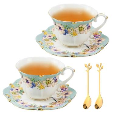 Imagem de Harahiko Conjunto de xícara de chá e pires de porcelana Country Roses com acabamento dourado, 6 peças, estilo vintage, para mulheres e festas de chá (2, ciano claro)