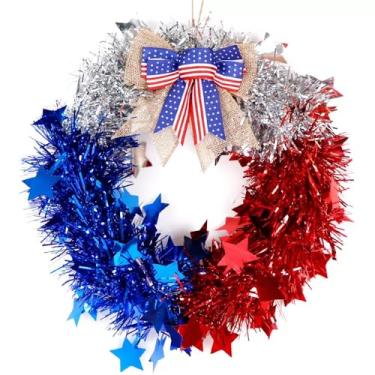 Imagem de SHIPAI Guirlanda de 12,6 polegadas Memorial Day vermelha, branca e azul com estrelas, decorações de 4 de julho para o Dia da Independência, guirlanda patriótica de tinsel para parede da porta da