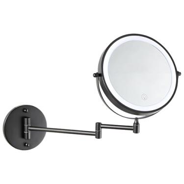 Imagem de Espelho de maquiagem montado na parede de 20 cm, ampliação dupla face com luzes de LED, temperatura de luz ajustável e controle de toque, rotação de 360°, economia de espaço e alimentado por bateria