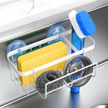 Imagem de HOKEMOM Organizador de pia de cozinha com suporte de esponja e ganchos multifuncionais – Ventosas duplas (suporte de 8,4 kg), aço inoxidável de 2,0 mm, branco à prova de ferrugem, suporte
