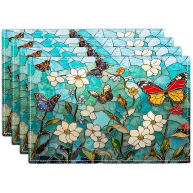 Imagem de Jogo americano borboleta azul-petróleo, conjunto de 4 tapetes coloridos de vitrais, tapetes de mesa de jantar com flores rústicas, jogo americano lavável para cozinha, sala de jantar, decoração de