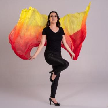 Imagem de Véu Seda Pura Colorido Dança do Ventre Vermelho, Laranja e Amarelo - V