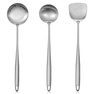 Imagem de Espátula e concha de wok de 43 cm, colher de escumadeira, conjunto profissional de ferramentas de wok de aço inoxidável, 3 ferramentas de cozinha de cabo extra longo, conjunto de utensílios de cozinha