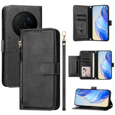 Imagem de Kukoufey Compatível com Honor Magic 8 Pro, compatível com Honor Magic8 Pro 5G BKQ-AN10 Flip PU Leather Zipper Wallet Capas protetoras pretas
