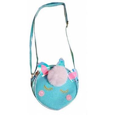 Imagem de Bolsa Infantil Unicornio Glitter com Alça Ajustável – Bolsa Transversal com Orelhas, Chifre e PomPom – Modelo Menina (AZUL)