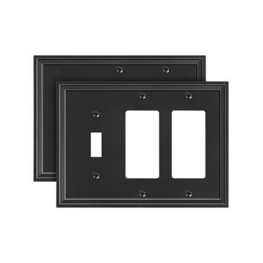 Imagem de TREEWELL Pacote com 2 placas para interruptores de luz decoradores duplos, capas de tomadas elétricas decorativas modernas pretas, placas de interruptor de parede de fibra de bambu e capas de tomada
