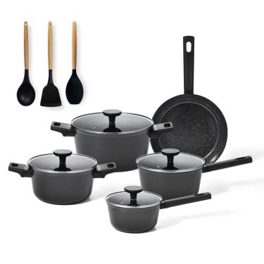 Imagem de jogo com 5 panelas antiaderentes de ceramica indução preta mou chia e 3 utensílios de silicone - oik