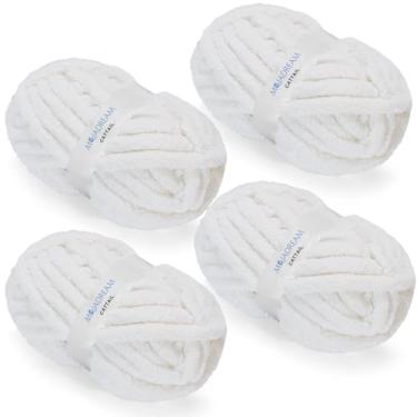 Imagem de Fio de chenille grosso para crochê e cobertor de tricô à mão - fio grosso jumbo volumoso e fofo - pacote com 4 novelos (4 novelos, cada 28 metros, 227 g) - branco
