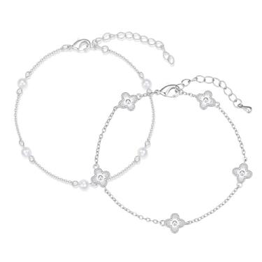 Imagem de Mini conjunto de 2 pulseiras delicadas de corrente dourada | Conjunto de corrente delicada - Pequena corrente de satélite de pérola e flor de trevo 16,5 a 17 cm ajustável, 6.5'', Latão, Sem Pedra